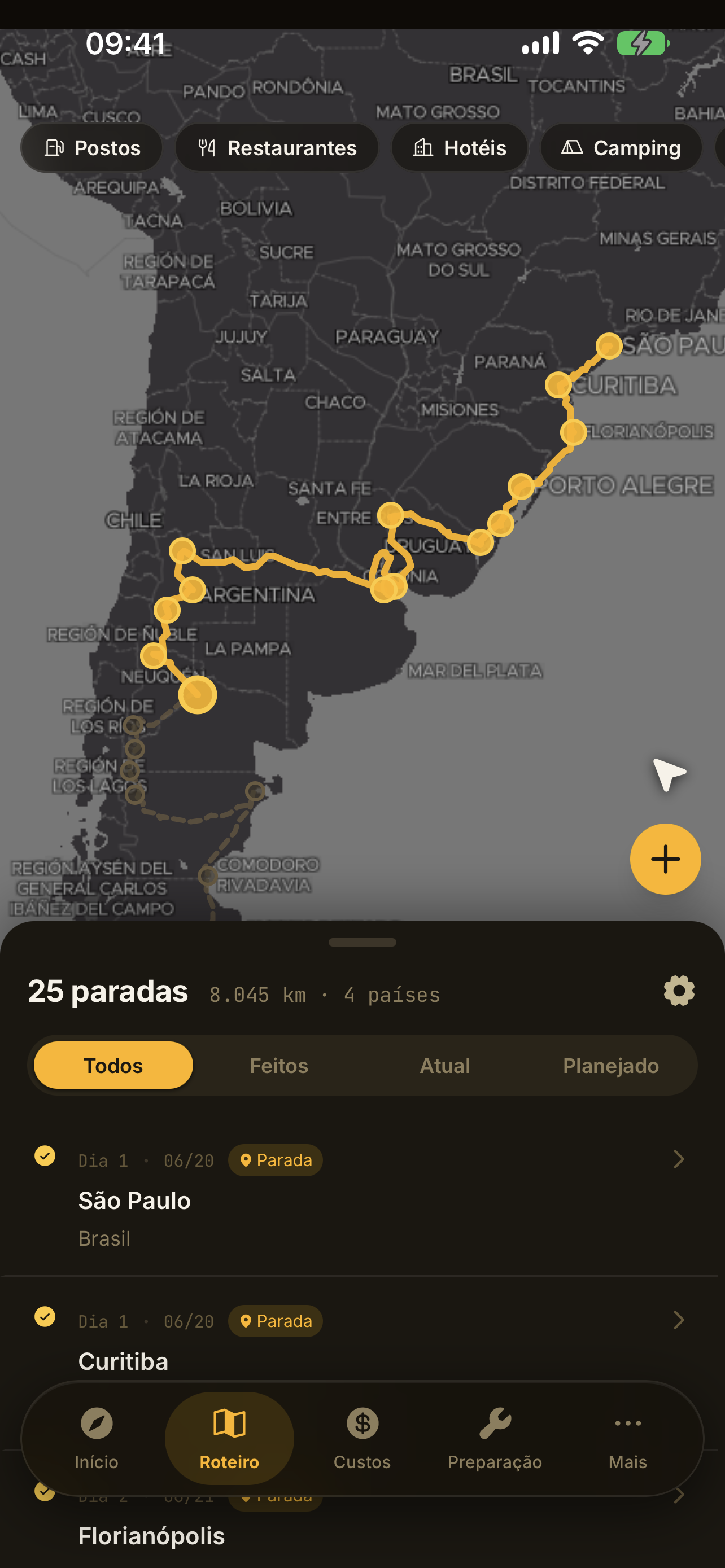 Roteiro no mapa